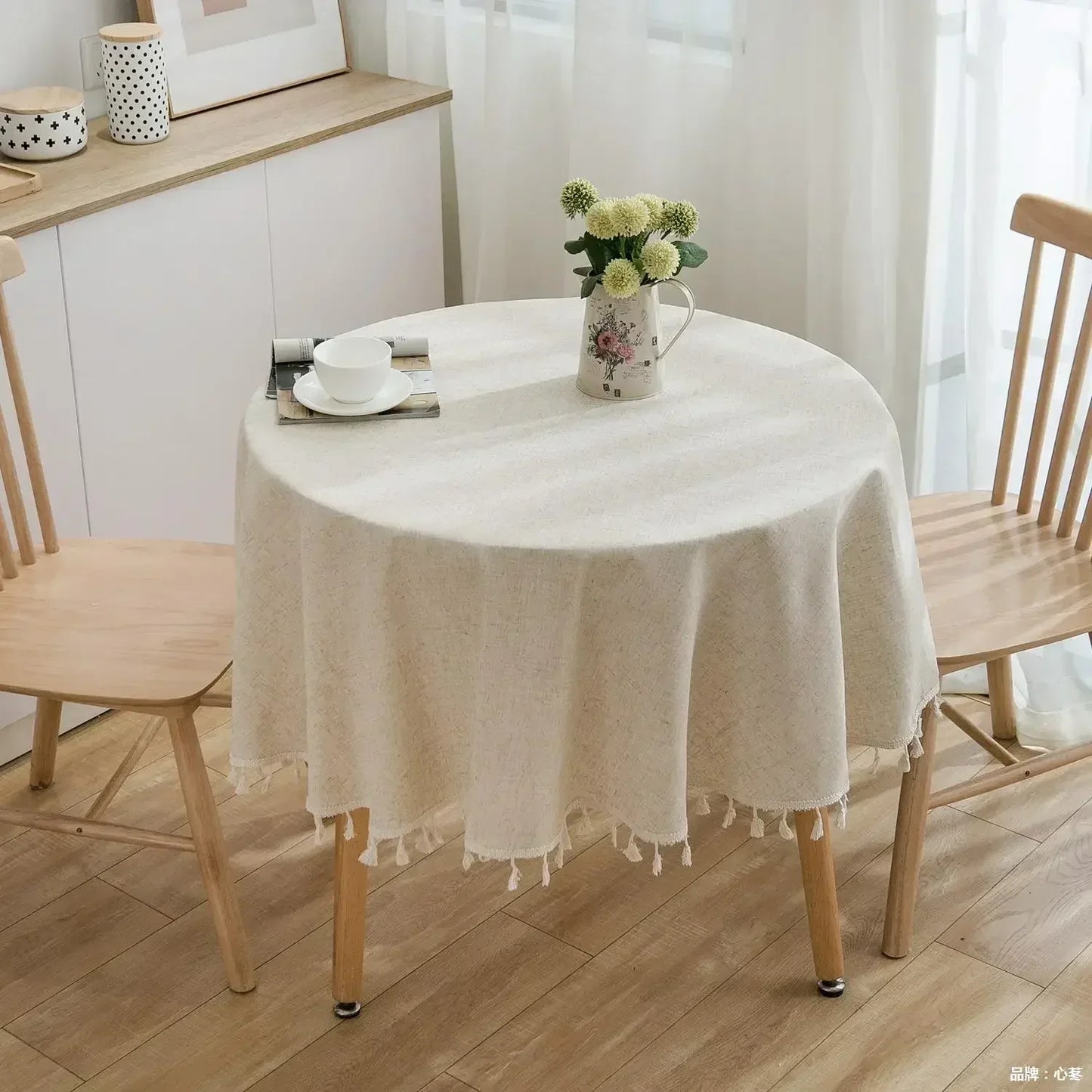 Vivolux | Runde Leinen-Baumwoll-Tischdecke mit Quasten