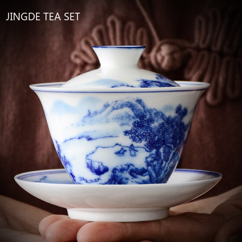 Vivolux | PorceVive Gaiwan Teetasse | Handgefertigtes Porzellan mit Landschaftsmuster | Chinesisches Teeset mit Deckel