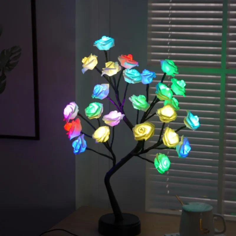 Vivolux | RGB Rose Blume Baum Lichter 24LED USB Batterie Tischlampe Feen Nachtlicht Zuhause Party Weihnachten Hochzeit Schlafzimmer Dekoration Geschenk