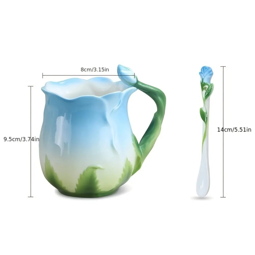 Vivolux | 3D Rose Blume Kaffeetasse Keramik Kaffeetassen Niedliche ästhetische Wasserbecher mit Löffel Sommer Winter Trinkgeschirr Valentinstag Geschenke