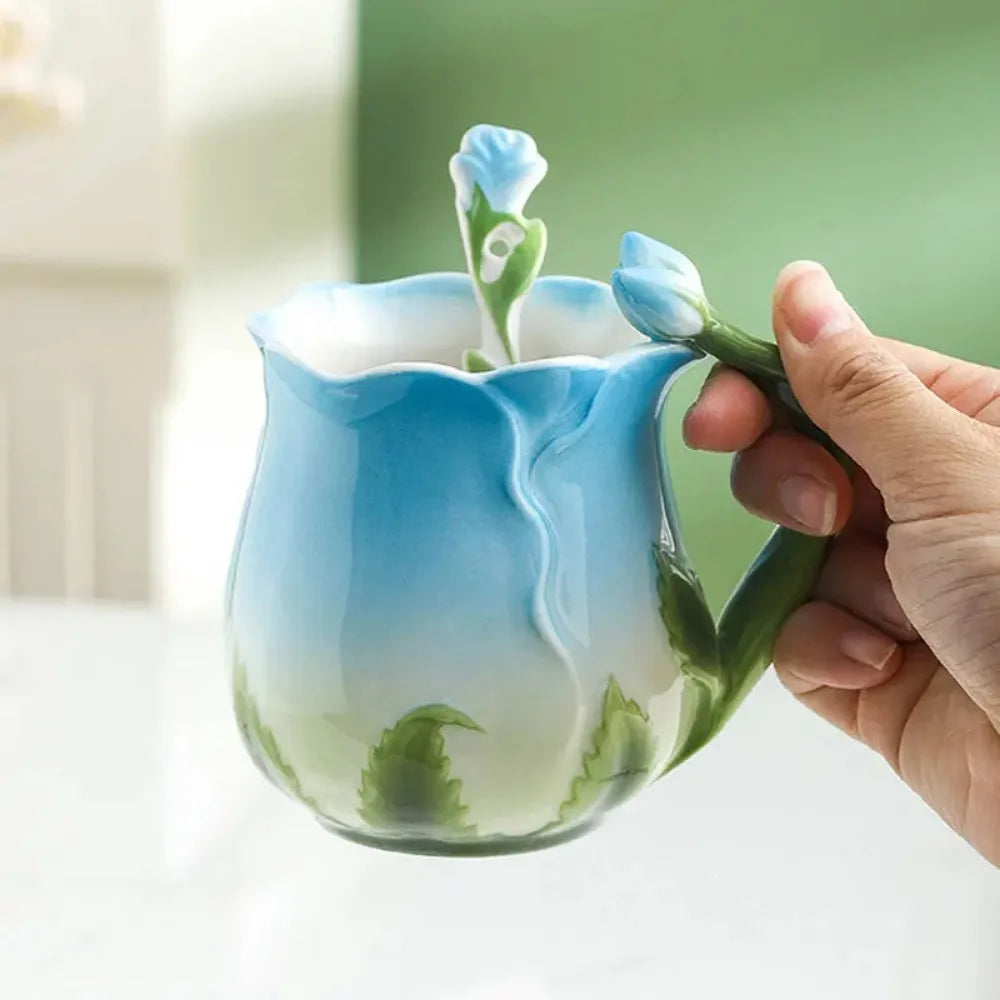 Vivolux | 3D Rose Blume Kaffeetasse Keramik Kaffeetassen Niedliche ästhetische Wasserbecher mit Löffel Sommer Winter Trinkgeschirr Valentinstag Geschenke