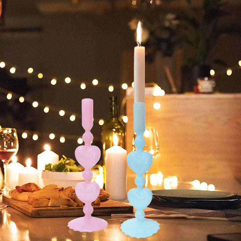 Vivolux | Retro Taper Kerzenhalter Rote Herzform Glas Kerzenständer Hochzeit Tischdekoration Zuhause Party Glas Vase Dekor