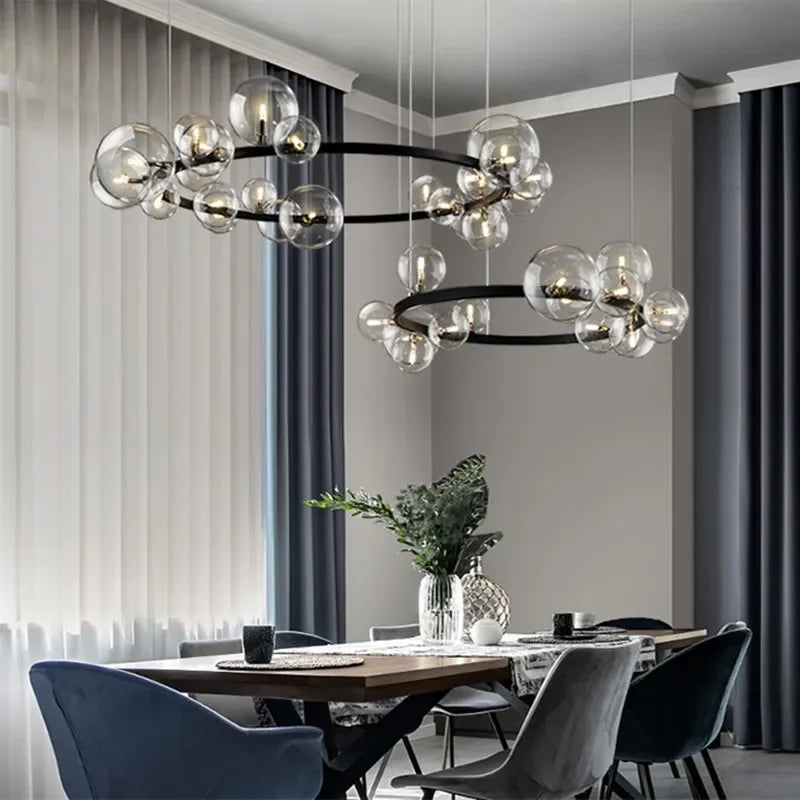 Vivolux | Moderne kreative Metall-Kronleuchter-Beleuchtung: 7/10 klare Glasblasen, langes rundes Design mit G9 Lichtfassung