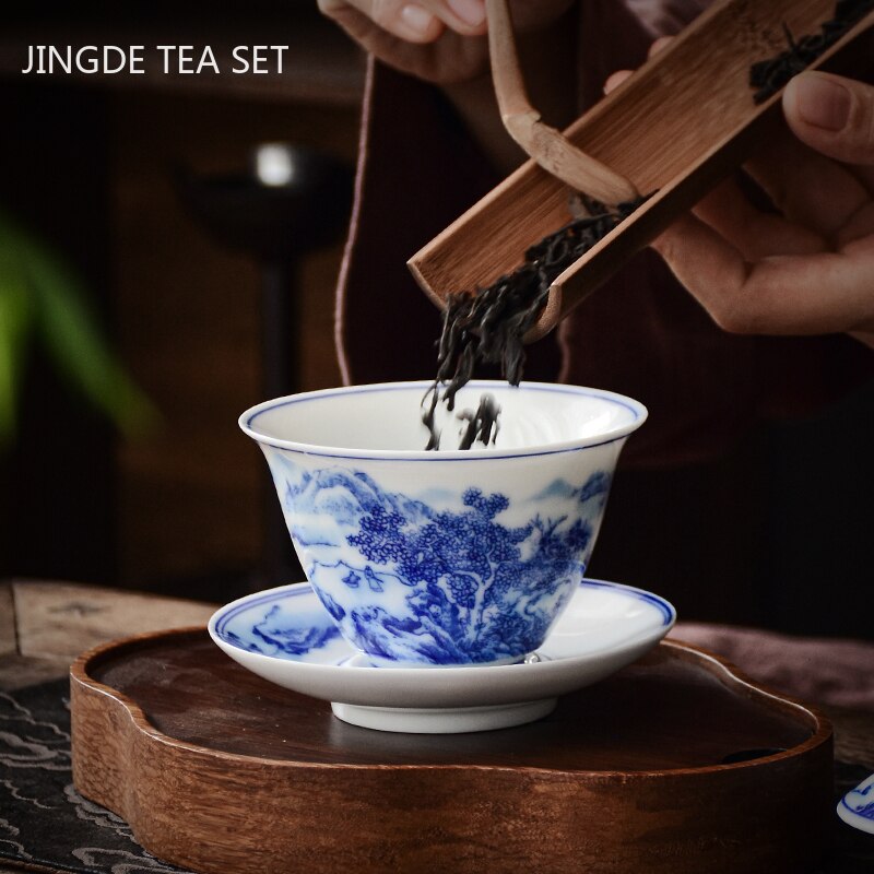 Vivolux | PorceVive Gaiwan Teetasse | Handgefertigtes Porzellan mit Landschaftsmuster | Chinesisches Teeset mit Deckel