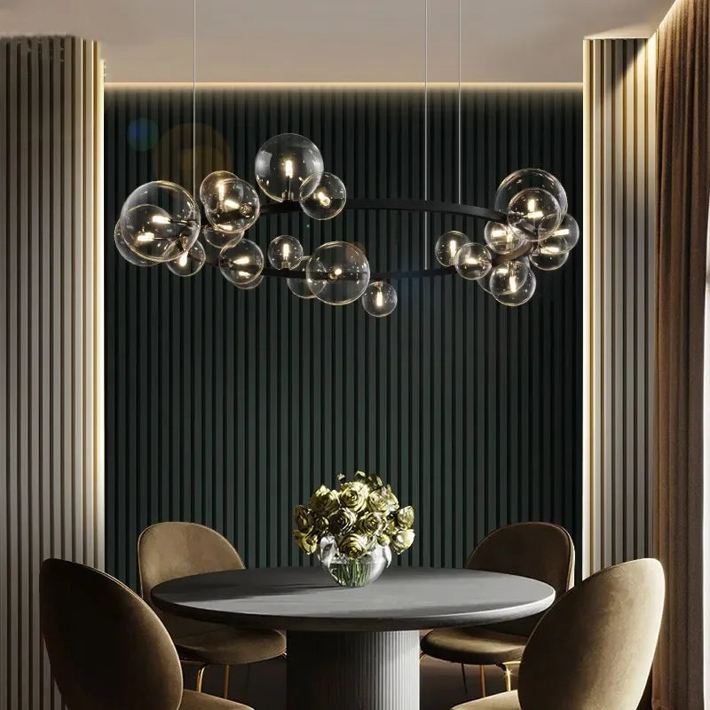 Vivolux | Moderne kreative Metall-Kronleuchter-Beleuchtung: 7/10 klare Glasblasen, langes rundes Design mit G9 Lichtfassung