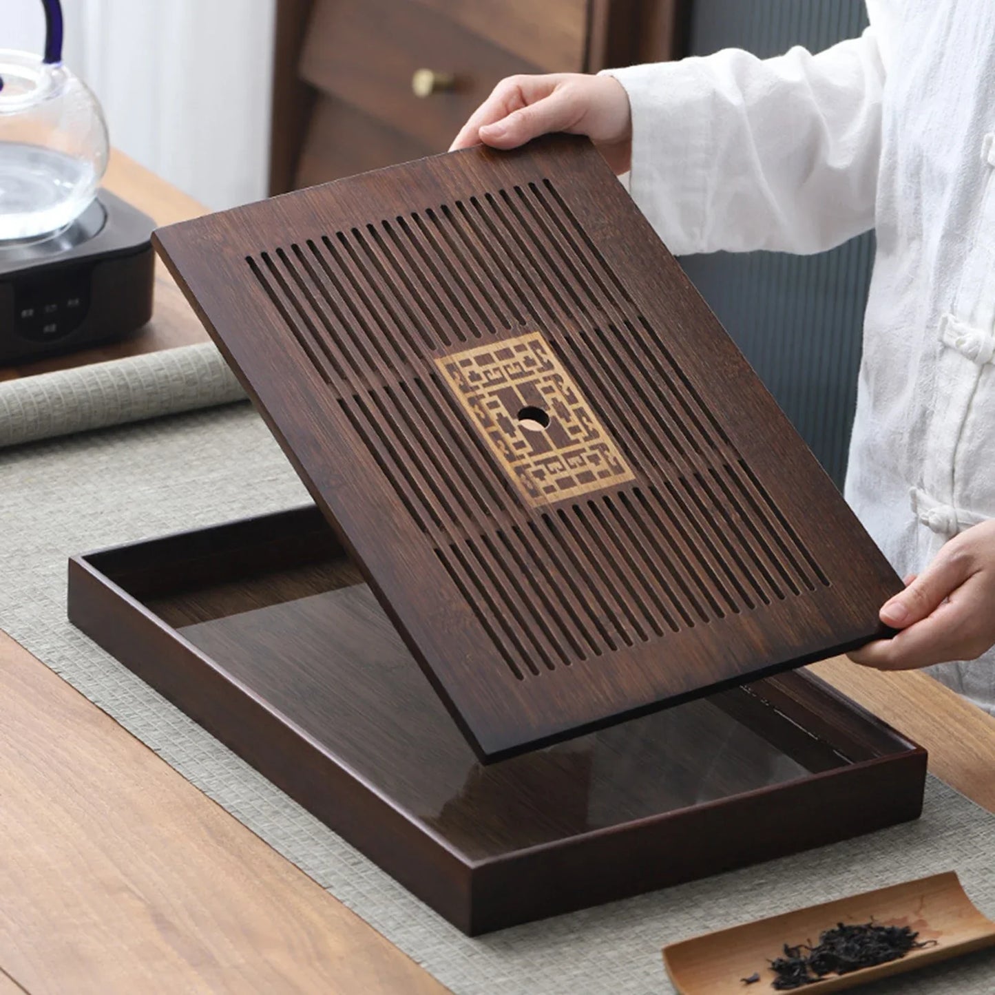 Vivolux | Chinese Tea Tray with Water Storage Box Durable Simple Drainage Type Plate Tea Serving Tray for Teahouse Home Household Office