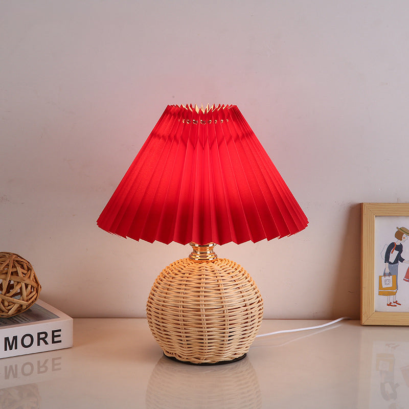 Vivolux | RattaLume Nordic LED Tischlampe | Geflochtenes Rattan & Faltstoffschirm | Stimmungslicht | Deko fürs Schlafzimmer