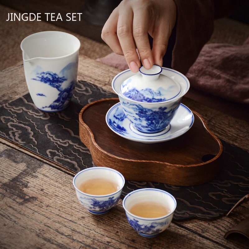 Vivolux | PorceVive Gaiwan Teetasse | Handgefertigtes Porzellan mit Landschaftsmuster | Chinesisches Teeset mit Deckel
