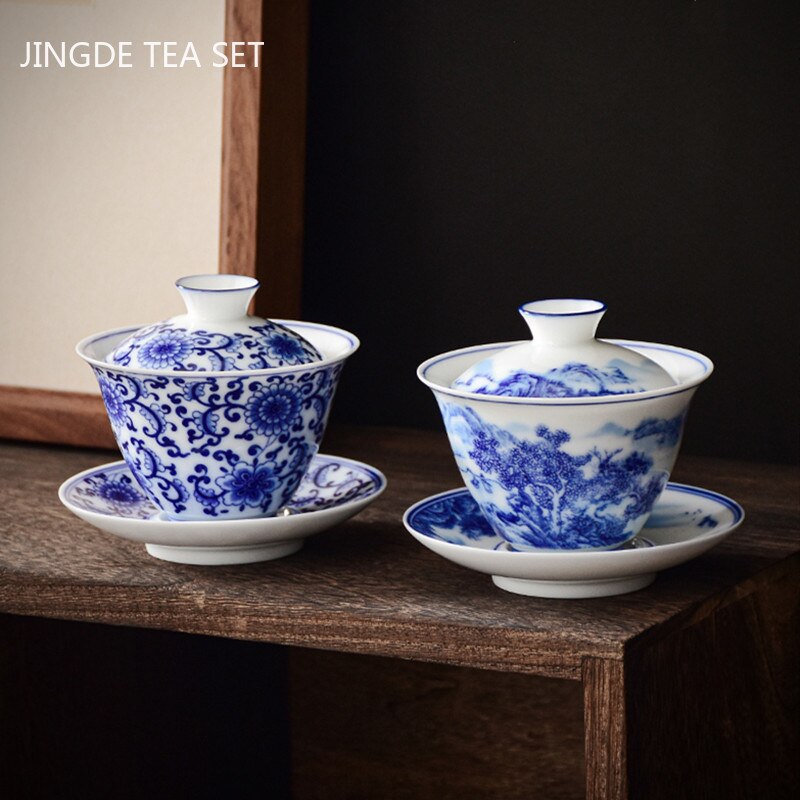 Vivolux | PorceVive Gaiwan Teetasse | Handgefertigtes Porzellan mit Landschaftsmuster | Chinesisches Teeset mit Deckel