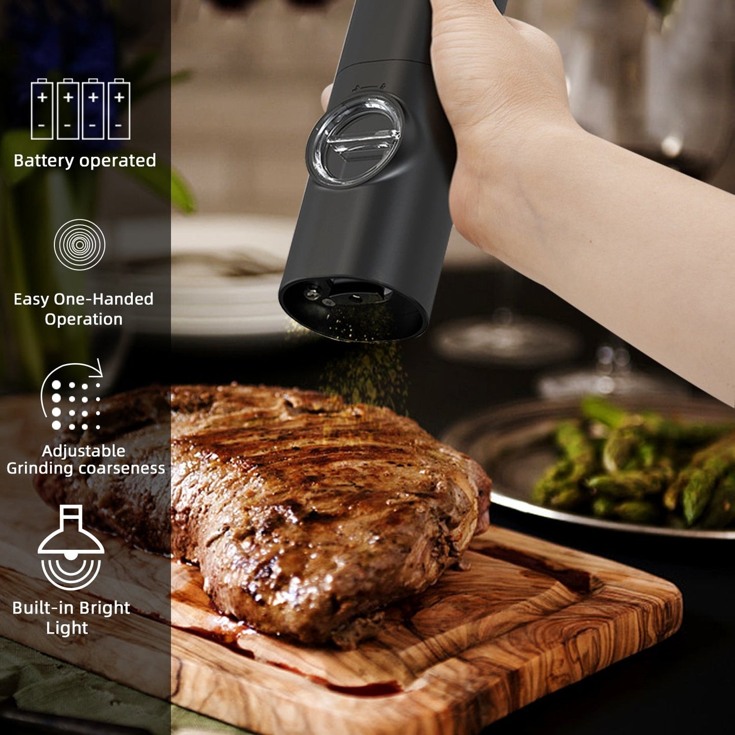 Vivolux | Elektrische automatische Pfeffer- und Salzmahlmaschine mit LED-Licht und einstellbarem Mahlgrad - Perfekt für die Küche oder das Restaurant