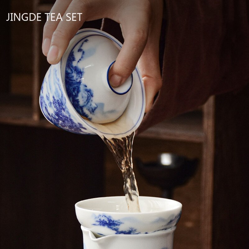 Vivolux | PorceVive Gaiwan Teetasse | Handgefertigtes Porzellan mit Landschaftsmuster | Chinesisches Teeset mit Deckel