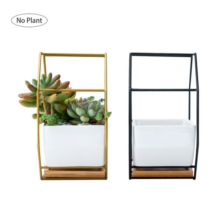 Vivolux | Einfaches octagonales geometrisches Wandhängen Tisch Sukkulenten Platauf bamboo Unterstützung Eisenrahmen Blumentopf (schwarz)