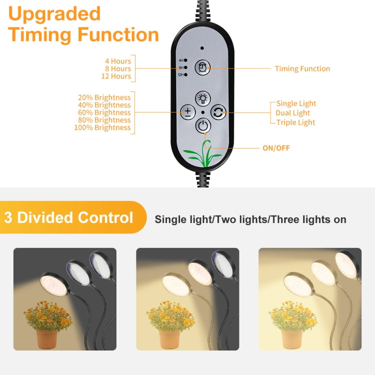 Vivolux | LED Pflanzenwachstumslampe USB Fernbedienung Clip wasserdicht Vollspektral natürliches Weiß Setzling Pflanzenlicht, Leistung: 45W Drei Köpfe