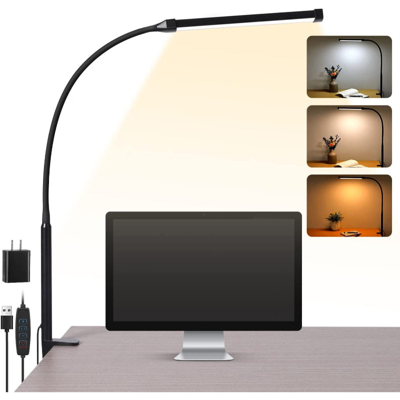 Vivolux | LED Schreibtischlampe mit Lampe, augenschonenden Clip-On-Lichtern für das Home Office, 3 Modi 10 Helligkeitsstufen, langer flexibler Schwanenhals, Metall, Schwenkarm Architekten-Task-Tischlampen mit USB-Adapter, Weiß