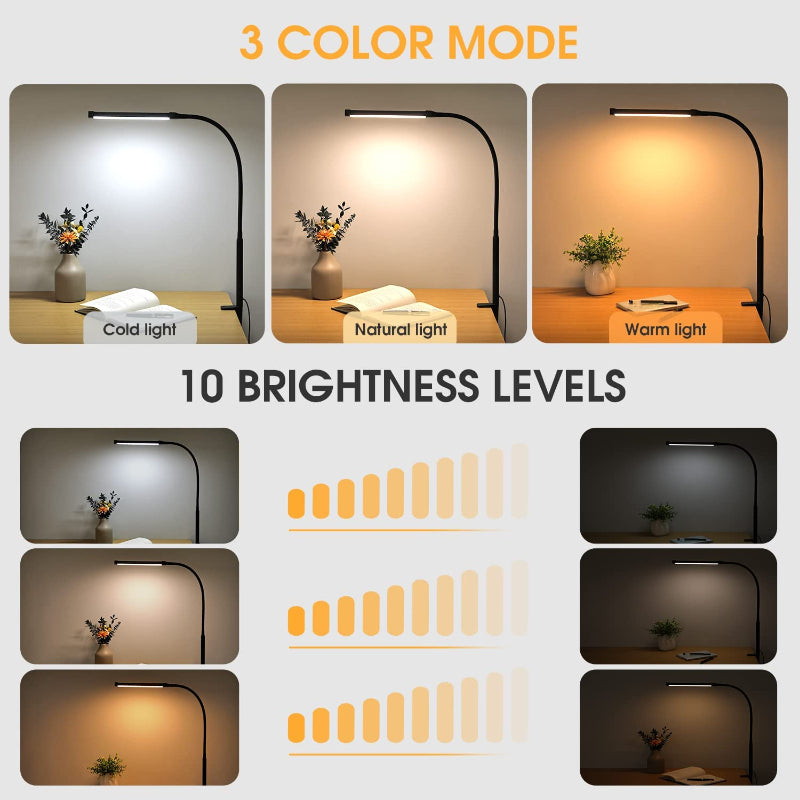 Vivolux | LED Schreibtischlampe mit Lampe, augenschonenden Clip-On-Lichtern für das Home Office, 3 Modi 10 Helligkeitsstufen, langer flexibler Schwanenhals, Metall, Schwenkarm Architekten-Task-Tischlampen mit USB-Adapter, Weiß