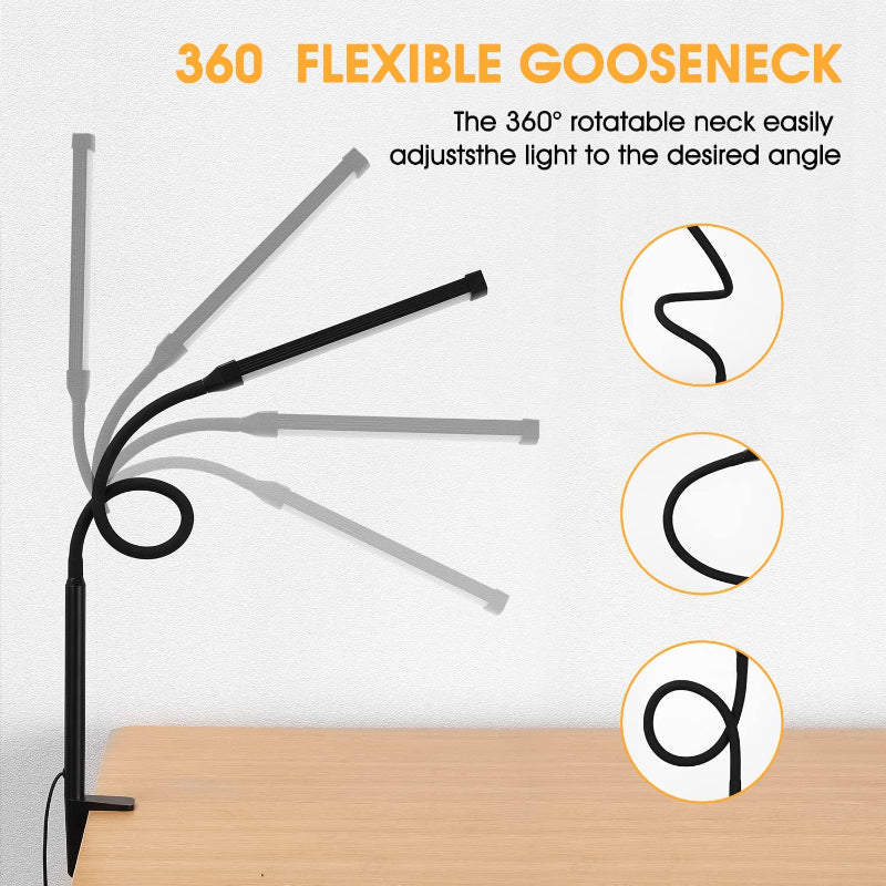 Vivolux | LED Schreibtischlampe mit Lampe, augenschonenden Clip-On-Lichtern für das Home Office, 3 Modi 10 Helligkeitsstufen, langer flexibler Schwanenhals, Metall, Schwenkarm Architekten-Task-Tischlampen mit USB-Adapter, Weiß