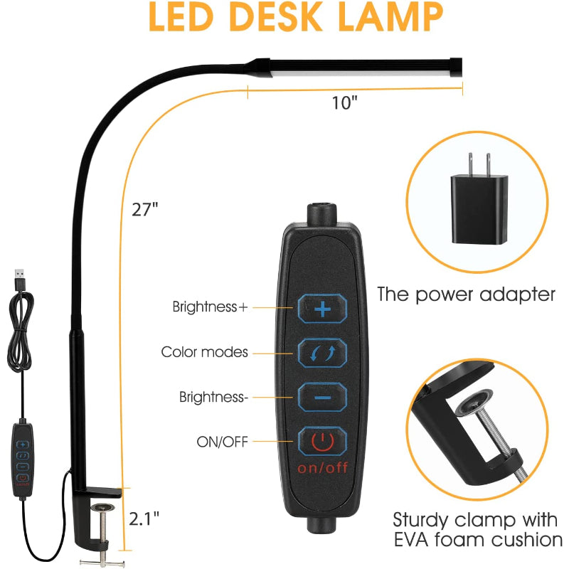 Vivolux | LED Schreibtischlampe mit Lampe, augenschonenden Clip-On-Lichtern für das Home Office, 3 Modi 10 Helligkeitsstufen, langer flexibler Schwanenhals, Metall, Schwenkarm Architekten-Task-Tischlampen mit USB-Adapter, Weiß