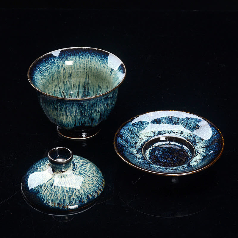 Vivolux | Vintage Kiln Keramik Gaiwan Sancai Teetasse Teetasse und Untertasse mit Deckel