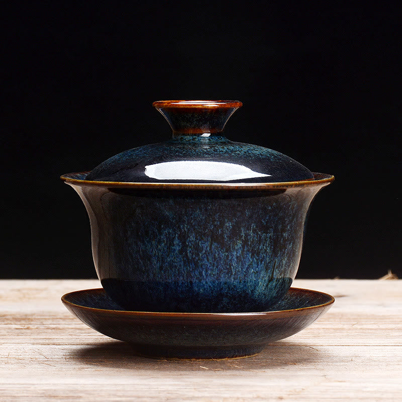 Vivolux | Vintage Kiln Keramik Gaiwan Sancai Teetasse Teetasse und Untertasse mit Deckel