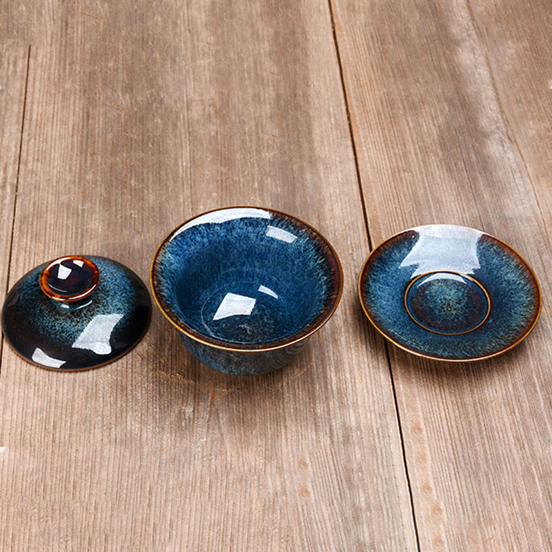 Vivolux | Vintage Kiln Keramik Gaiwan Sancai Teetasse Teetasse und Untertasse mit Deckel