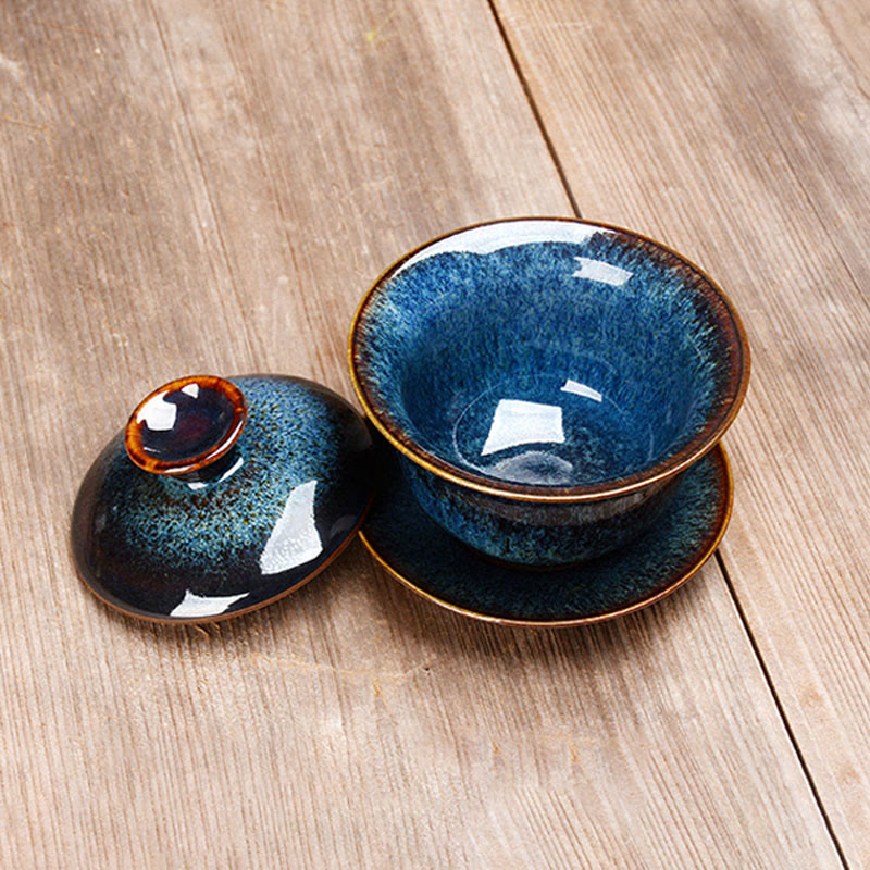 Vivolux | Vintage Kiln Keramik Gaiwan Sancai Teetasse Teetasse und Untertasse mit Deckel