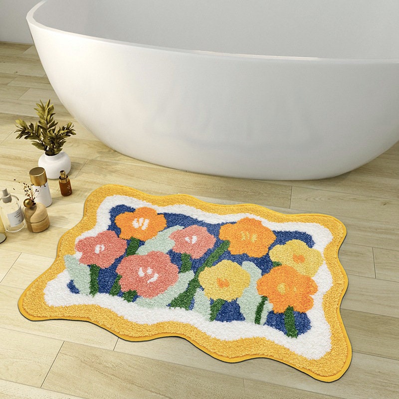 Vivolux | Bunte Blumen Badezimmermatte, Orange Flora Weicher Badezimmerteppich, Gewebte Badematte, Lila Tulpe Wasserabsorbierende Rutschfeste Badematte