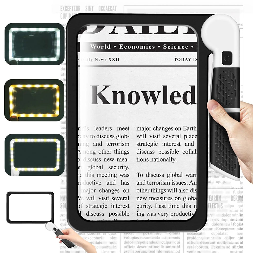 Vivolux | Vollseiten Handheld Lupe – 5X Vergrößerung, LED beleuchtete Lupe mit 3 Modi, ideal zum Lesen von Büchern und für Senioren