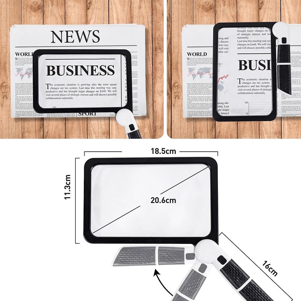 Vivolux | Vollseiten Handheld Lupe – 5X Vergrößerung, LED beleuchtete Lupe mit 3 Modi, ideal zum Lesen von Büchern und für Senioren