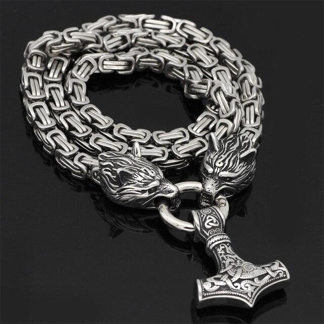60–90 cm Edelstahl Doppel Wolfskopf & Mjolnir Überlebensgeist Halskette/Armband