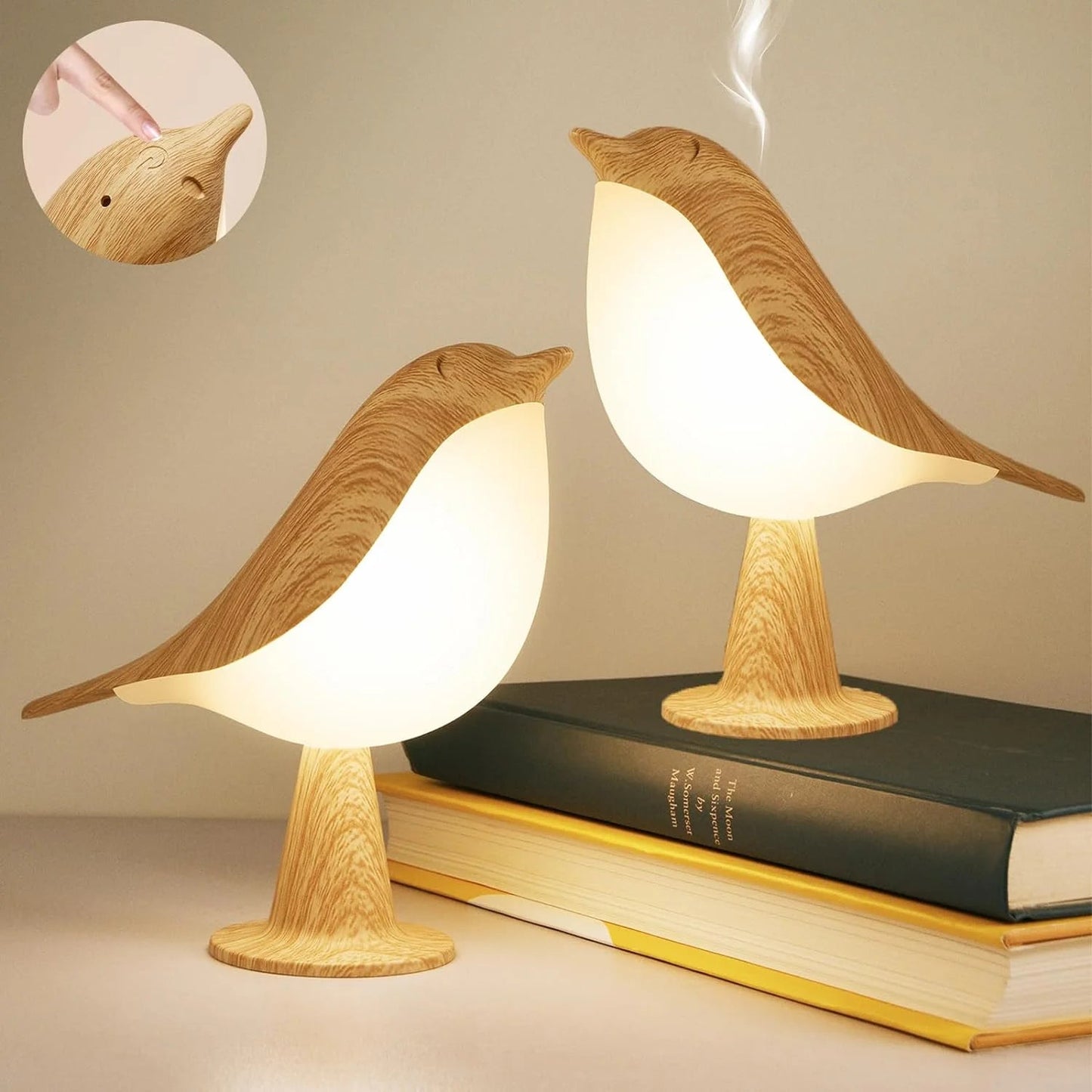 Vivolux | Touch-Control Holzvogel Nachtlicht - Wiederaufladbare LED Nachttischlampe