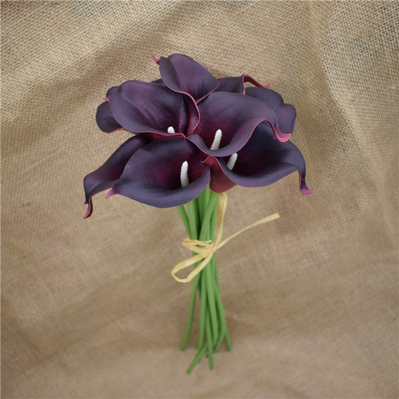 Vivolux | 10 marineblaue Calla-Lilien PU Real Touch Blumen Hochzeitsdekoration Sträuße Tischdekoration Kunstblumen Wohnkultur
