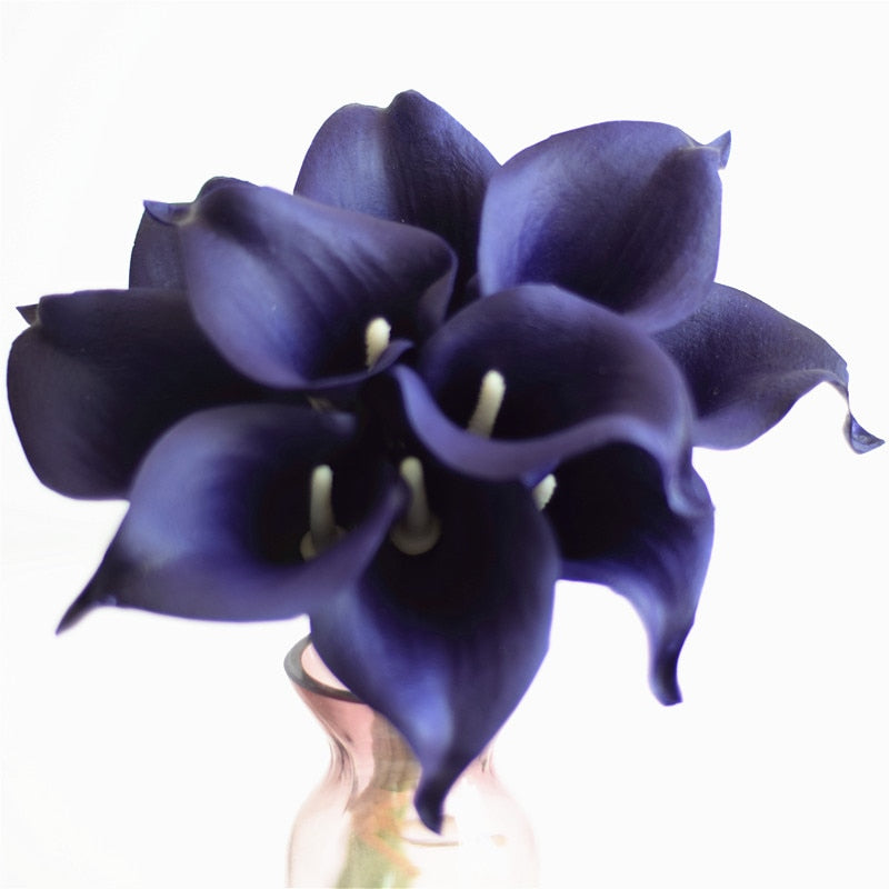 Vivolux | 10 marineblaue Calla-Lilien PU Real Touch Blumen Hochzeitsdekoration Sträuße Tischdekoration Kunstblumen Wohnkultur