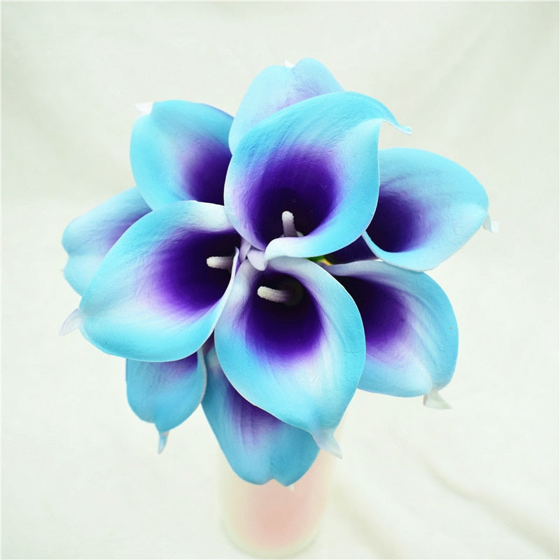 Vivolux | 10 marineblaue Calla-Lilien PU Real Touch Blumen Hochzeitsdekoration Sträuße Tischdekoration Kunstblumen Wohnkultur