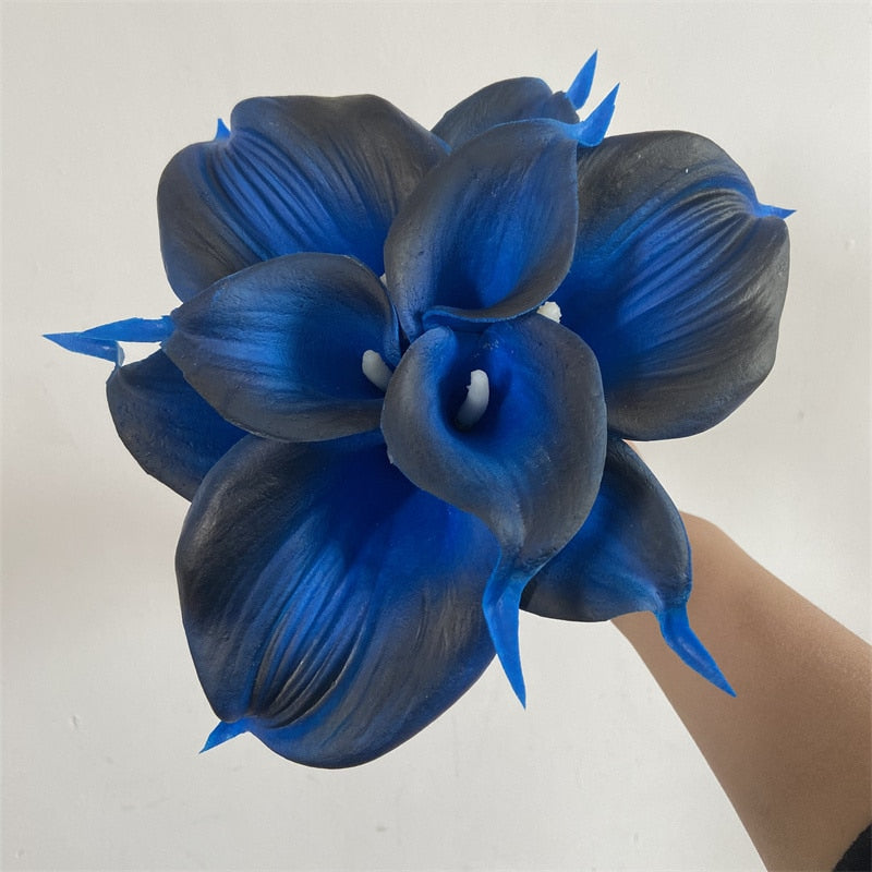 Vivolux | 10 marineblaue Calla-Lilien PU Real Touch Blumen Hochzeitsdekoration Sträuße Tischdekoration Kunstblumen Wohnkultur