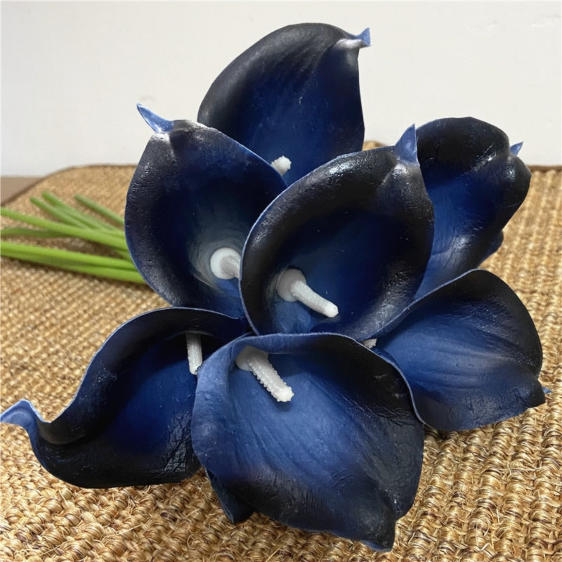 Vivolux | 10 marineblaue Calla-Lilien PU Real Touch Blumen Hochzeitsdekoration Sträuße Tischdekoration Kunstblumen Wohnkultur