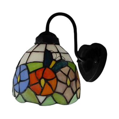 Vivolux | Schwarze Kuppel Wandlampe Viktorianisch 1 Kopf Multicolor Buntglas Wandleuchte mit Blumen/Libellenmuster