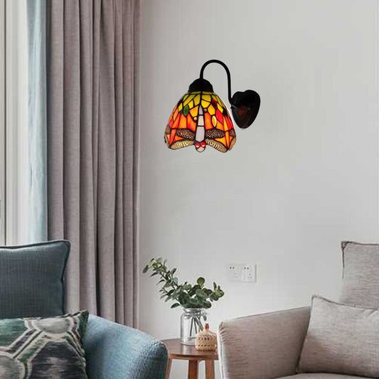 Vivolux | Schwarze Kuppel Wandlampe Viktorianisch 1 Kopf Multicolor Buntglas Wandleuchte mit Blumen/Libellenmuster
