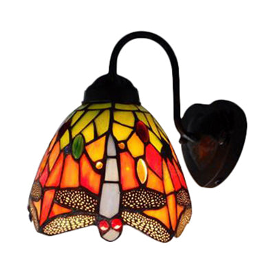 Vivolux | Schwarze Kuppel Wandlampe Viktorianisch 1 Kopf Multicolor Buntglas Wandleuchte mit Blumen/Libellenmuster