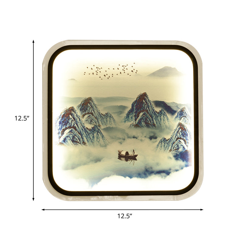 Vivolux | Bergpatroon Vierkante Muur Lamp Chinese Stijl Stof Grijs/Blauw LED Flush Mount Wandlamp voor Woonkamer