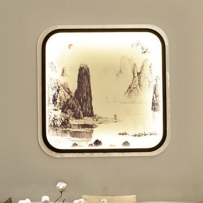 Vivolux | Bergpatroon Vierkante Muur Lamp Chinese Stijl Stof Grijs/Blauw LED Flush Mount Wandlamp voor Woonkamer