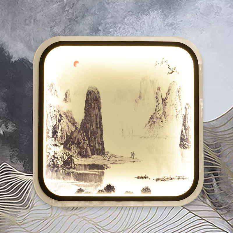 Vivolux | Bergpatroon Vierkante Muur Lamp Chinese Stijl Stof Grijs/Blauw LED Flush Mount Wandlamp voor Woonkamer