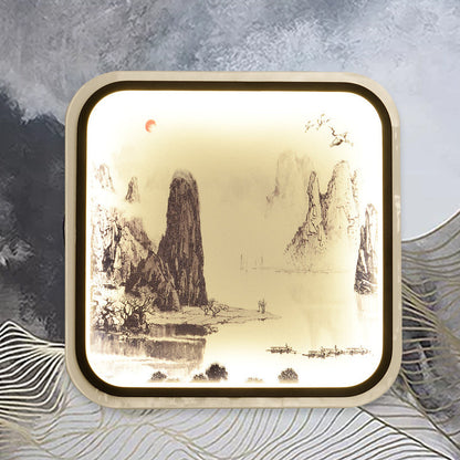 Vivolux | Bergpatroon Vierkante Muur Lamp Chinese Stijl Stof Grijs/Blauw LED Flush Mount Wandlamp voor Woonkamer