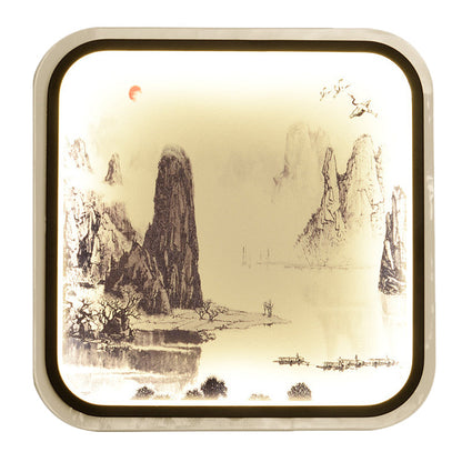 Vivolux | Bergpatroon Vierkante Muur Lamp Chinese Stijl Stof Grijs/Blauw LED Flush Mount Wandlamp voor Woonkamer