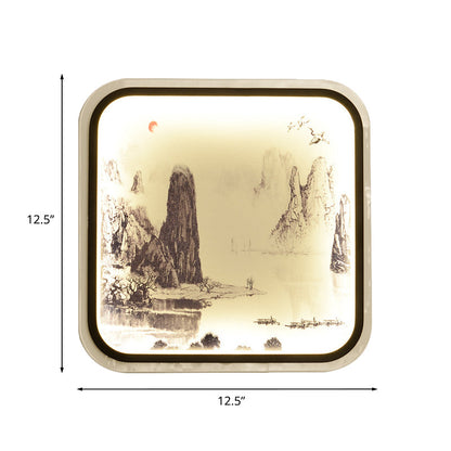 Vivolux | Bergpatroon Vierkante Muur Lamp Chinese Stijl Stof Grijs/Blauw LED Flush Mount Wandlamp voor Woonkamer