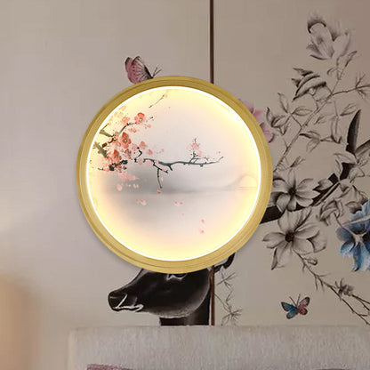 Vivolux | Hand-Gemalt Blumen/Berg Wandbeleuchtung Chinesischer Stoff Wohnzimmer LED Wandleuchte mit goldenem Rund-/Quadratrahmen