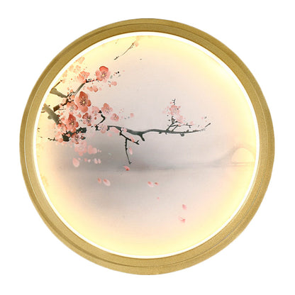 Vivolux | Hand-Gemalt Blumen/Berg Wandbeleuchtung Chinesischer Stoff Wohnzimmer LED Wandleuchte mit goldenem Rund-/Quadratrahmen