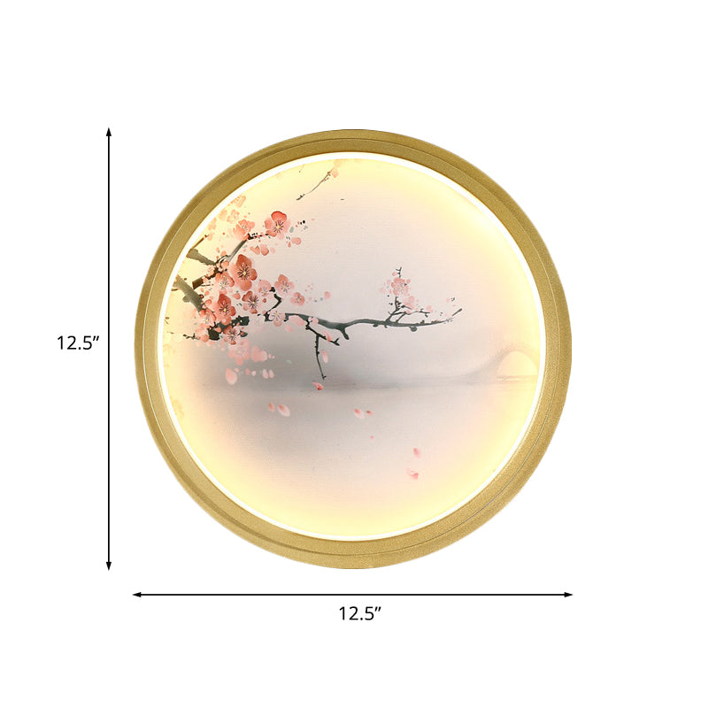 Vivolux | Hand-Gemalt Blumen/Berg Wandbeleuchtung Chinesischer Stoff Wohnzimmer LED Wandleuchte mit goldenem Rund-/Quadratrahmen