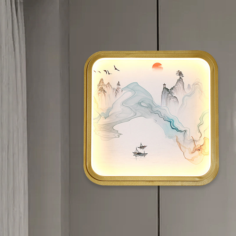 Vivolux | Hand-Gemalt Blumen/Berg Wandbeleuchtung Chinesischer Stoff Wohnzimmer LED Wandleuchte mit goldenem Rund-/Quadratrahmen