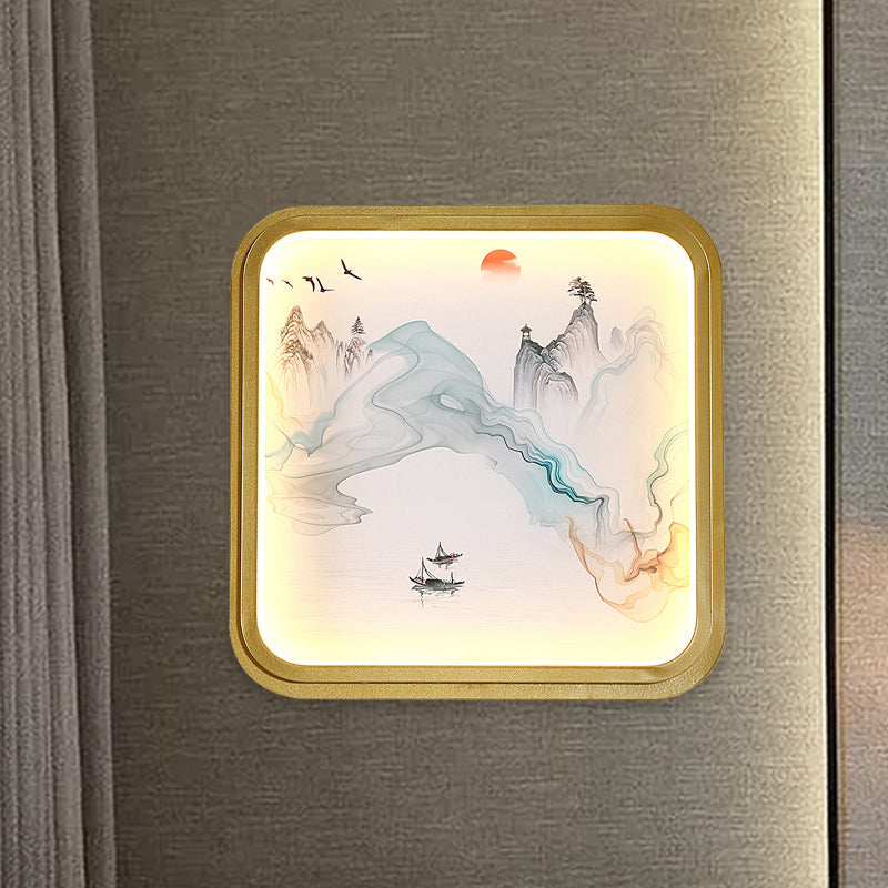 Vivolux | Hand-Gemalt Blumen/Berg Wandbeleuchtung Chinesischer Stoff Wohnzimmer LED Wandleuchte mit goldenem Rund-/Quadratrahmen