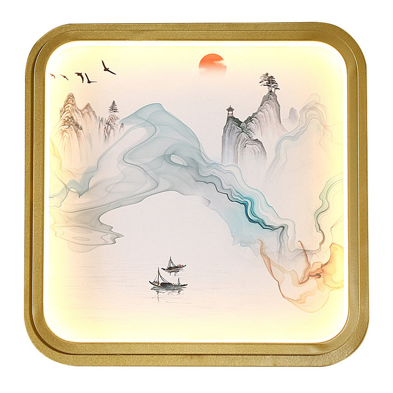 Vivolux | Hand-Gemalt Blumen/Berg Wandbeleuchtung Chinesischer Stoff Wohnzimmer LED Wandleuchte mit goldenem Rund-/Quadratrahmen